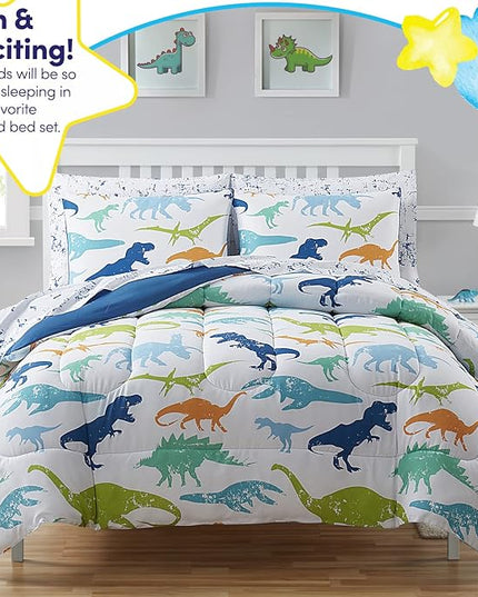Kids Bedding Set Bed in a Bag for Boys and Girls Toddlers Printed Sheet Set and Comforter, Full, Dinosaur (Pack of 4) - LeafyLoom