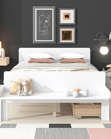 Dolonm Full Bed Frames for Kids with 2 Drawers, Storage Platform Bed with Footboard Bench, Twin Kids Bed Headboard Frame Pine Wood, High Stable, No Box Spring Needed, Twin Bed for Kids, White - LeafyLoom
