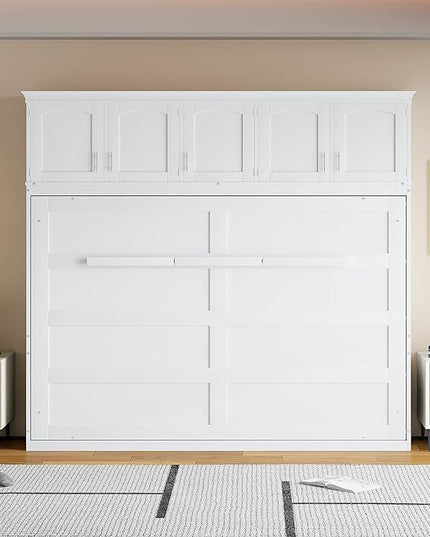 Merax Farmhouse Solid Wood Murphy Bed Chest with Top Cabinets, Storage Wall Platform Bed with Wood Slat Support/Space Saving Queen,White - LeafyLoom