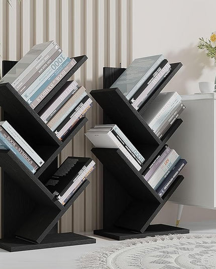 YMYNY 4 Tier Tree Bookshelf, Small Bookcase, Modern Wood Book Storage Rack, Freestanding Book shelf for Books/Movies/CDs, Narrow Display Rack for Living Room, Home Office, Black UHBC014B - LeafyLoom