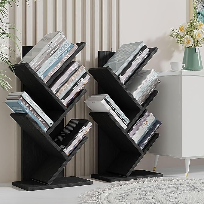 YMYNY 4 Tier Tree Bookshelf, Small Bookcase, Modern Wood Book Storage Rack, Freestanding Book shelf for Books/Movies/CDs, Narrow Display Rack for Living Room, Home Office, Black UHBC014B - LeafyLoom