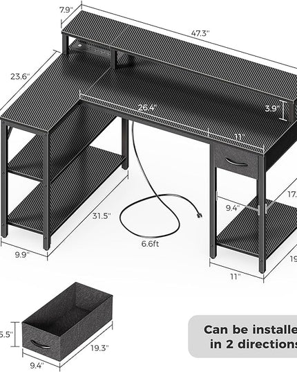 SUPERJARE 47 inch Reversible L Shaped Desk with LED Lights & Power Outlets, Computer Desk with Shelves & Monitor Stand, Gaming Desk with Drawer, Home Office Desk Corner Desk, Carbon Fiber Black - LeafyLoom