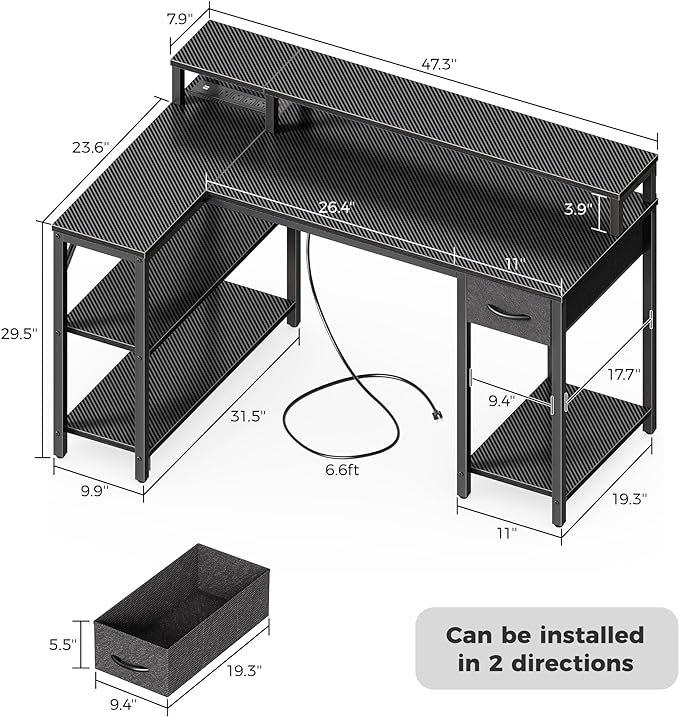 SUPERJARE 47 inch Reversible L Shaped Desk with LED Lights & Power Outlets, Computer Desk with Shelves & Monitor Stand, Gaming Desk with Drawer, Home Office Desk Corner Desk, Carbon Fiber Black - LeafyLoom