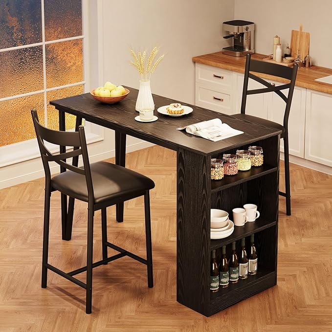 GAOMON Dining Table Set for 2, Kitchen Bar Table and Chairs for 2, 3-Piece Kitchen Table Set with 2 Upholstered Chairs, Expandable Counter Height Bar Table Set with 3 Storage Shelves, Black - LeafyLoom