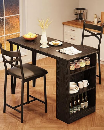 IDEALHOUSE Dining Table Set for 2, Expandable Kitchen Bar Table and Chairs for 2, 3 Piece Counter Height Top Dining Table Set with Upholstered Chairs Storage for Small Space, Black (Black) - LeafyLoom