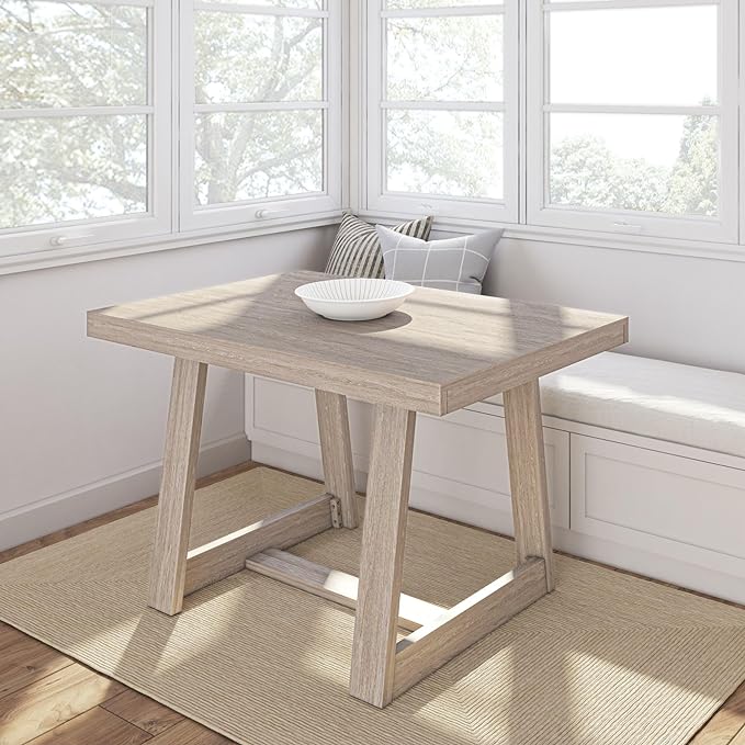 Plank+Beam 48 Inch Farmhouse Dining Table, Rustic Solid Wood Kitchen Table, Dinner Table for Dining Room, Home Office Furniture, Seashell Wirebrush - LeafyLoom