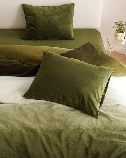 Wellboo Army Green Gradient Comforter Sets Full Green White Fluffy Bedding Comforters Modern Gradient Dark Green Flannel Quilts Farmhouse Abstract Art Watercolor Comforters Sherpa Fuzzy Plush Bedding - LeafyLoom