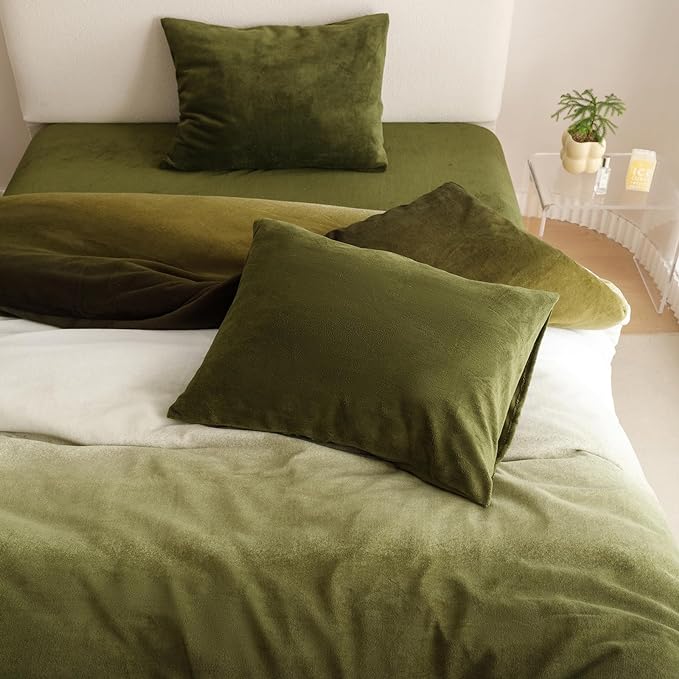 Wellboo Army Green Gradient Comforter Sets Full Green White Fluffy Bedding Comforters Modern Gradient Dark Green Flannel Quilts Farmhouse Abstract Art Watercolor Comforters Sherpa Fuzzy Plush Bedding - LeafyLoom