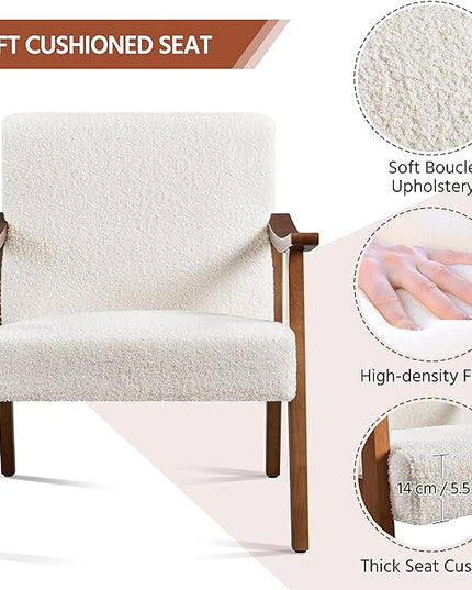 Yaheetech Fabric Accent Chair, Mid-Century Modern Armchair with Solid Wood Legs, Reading Leisure Chair with High Back for Living Room Bedroom Waiting Room,Ivory - LeafyLoom