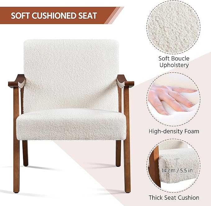 Yaheetech Fabric Accent Chair, Mid-Century Modern Armchair with Solid Wood Legs, Reading Leisure Chair with High Back for Living Room Bedroom Waiting Room,Ivory - LeafyLoom