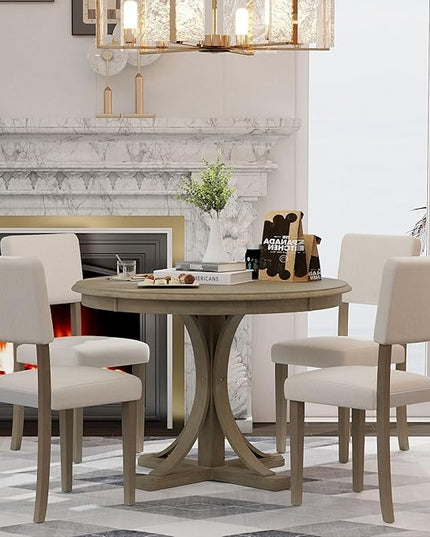 RITSU, Farmhouse Wood, 5-Piece Retro Round Set with Curved Trestle Style Table Legs and 4 Upholstered Chairs for Dining Room Restaurant, Taupe - LeafyLoom