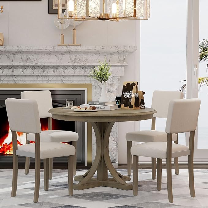 5-Piece Retro Round Dinette Sets Kitchen Dining Table with Curved Trestle Style Legs, 4 Upholstered Chairs, for Diningroom Living Room, Easy to Assemble, Taupe - LeafyLoom