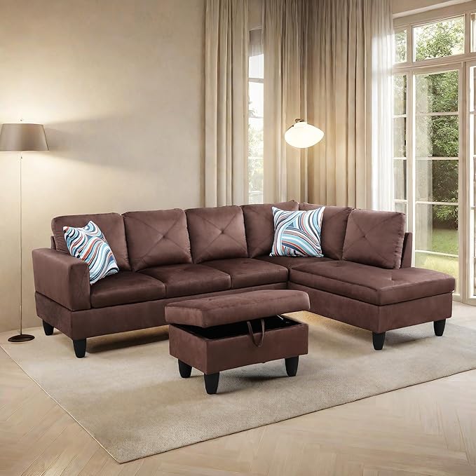 L Shaped Sofa with Ottoman Modern Sectional Living Room, Bedroom, Office, L Couch Brown - LeafyLoom