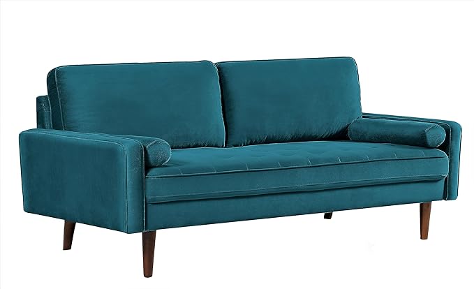 US Pride Furniture Velvet 70" Sofa Couch, Iconic Mid-Century Style Living Room Furniture with Contemporary Silhouette, Button Tufting and Wood Legs, Includes 2 Bolster Pillows, Greenish Blue - LeafyLoom