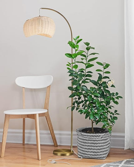 Brightech Wave Arched Floor Lamp – Unique Hanging Wicker Shade for Living Rooms – Rattan Style Matches Boho and Other Décor – Arcs Over Sofas and Dining Tables for Compliments - Brass - LeafyLoom