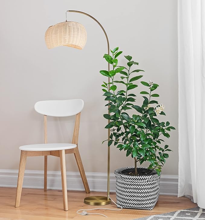 Brightech Wave Arched Floor Lamp – Unique Hanging Wicker Shade for Living Rooms – Rattan Style Matches Boho and Other Décor – Arcs Over Sofas and Dining Tables for Compliments - Brass - LeafyLoom