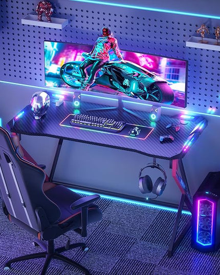 Gaming Desk with LED Lights, 47 Inch Computer Desk for Home Small Space, Gaming Table with Carbon Fiber Surface, PC Gamer Desk for Kids Boys Men, Black - LeafyLoom