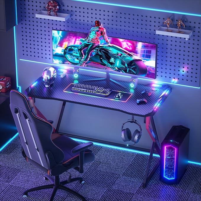 Gaming Desk with LED Lights, 47 Inch Computer Desk for Home Small Space, Gaming Table with Carbon Fiber Surface, PC Gamer Desk for Kids Boys Men, Black - LeafyLoom
