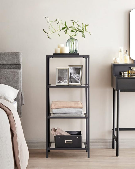 VASAGLE Bookcase, 4-Tier Bookshelf, Slim Shelving Unit for Bedroom, Bathroom, Home Office, Tempered Glass, Steel Frame, Ink Black ULGT028B61 - LeafyLoom