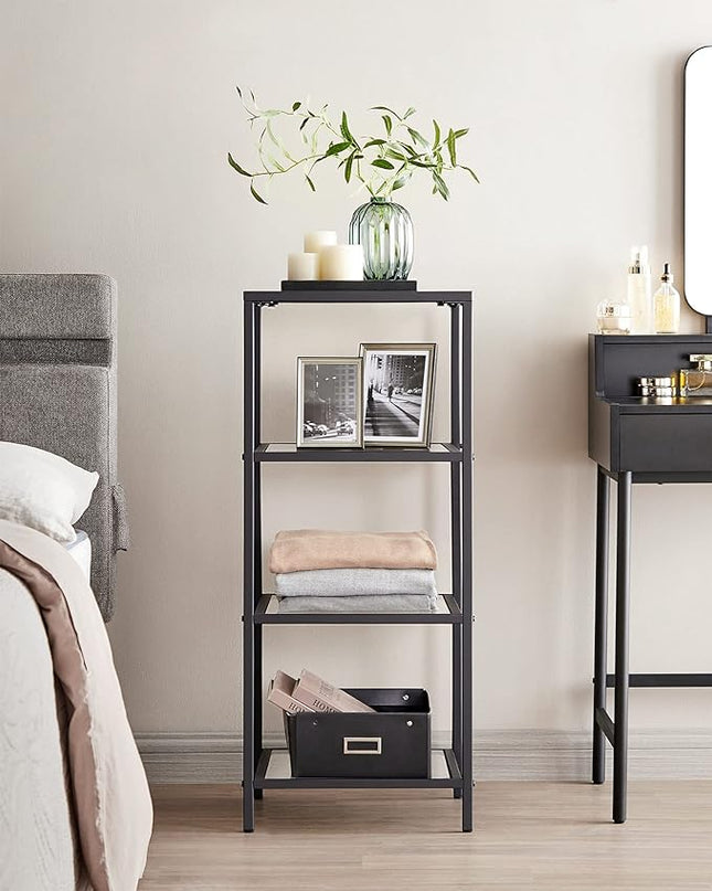 VASAGLE Bookcase, 4-Tier Bookshelf, Slim Shelving Unit for Bedroom, Bathroom, Home Office, Tempered Glass, Steel Frame, Ink Black ULGT028B61 - LeafyLoom