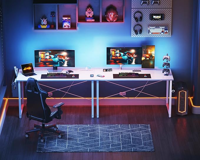 KKL Small Desk with Power Outlets and USB Port Computer Desk for Home Office Gaming Simple Modern Style Writing Desks with Storage Bag Headphone Hook, 48 inch, White - LeafyLoom