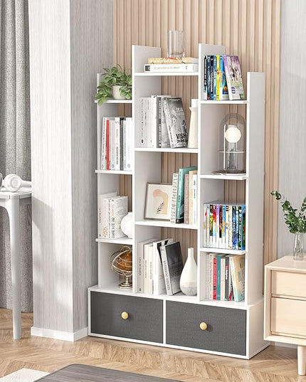 Unikito Bookshelf with 2 Drawers Free Standing Bookcase, Office Storage Shelf Organizer with 12 Open Bookshelves, Industrial Wood Book Case Display Rack for Bedroom, Living Room, Home Office, White - LeafyLoom