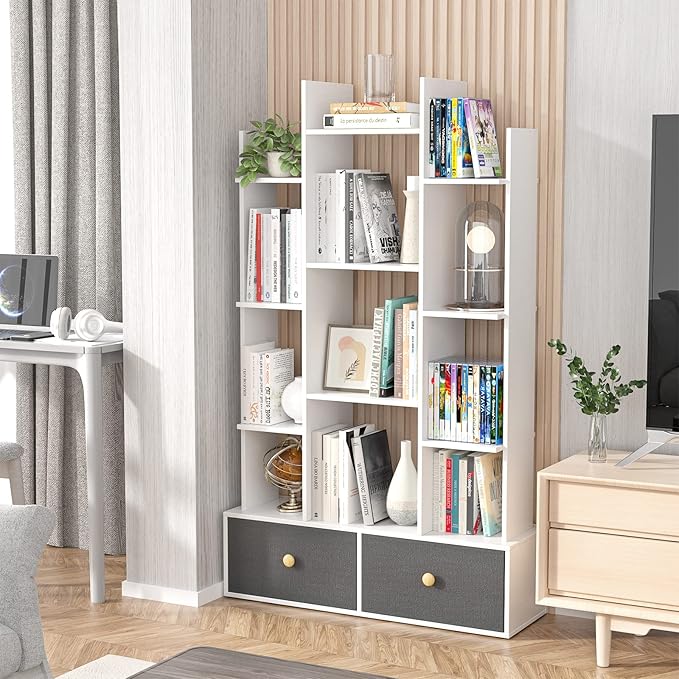 Unikito Bookshelf with 2 Drawers Free Standing Bookcase, Office Storage Shelf Organizer with 12 Open Bookshelves, Industrial Wood Book Case Display Rack for Bedroom, Living Room, Home Office, White - LeafyLoom