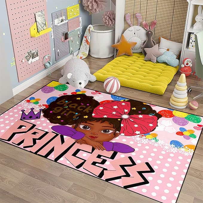 African American Black Girl Rugs for Bedroom Black Girl Area Rug Princess Room Decor for Girls Bedroom Teen Room Decor for Girls Bedroom Black Girls Kids Room Decor for Girls, Pink, 4'5'' × 6' - LeafyLoom