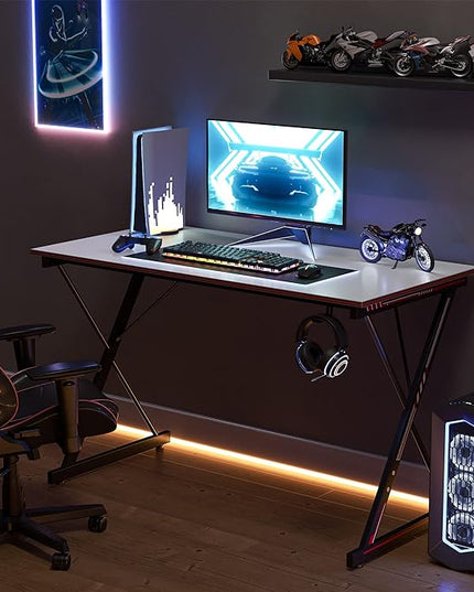 CubiCubi Gaming Desk 47 Inch PC Computer Desk, Carbon Fiber Home Office Desk Table Gamer Workstation, Simple Game Table with Headphone Hook, White - LeafyLoom