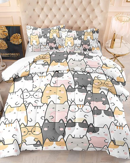 Kawaii Cat Comforter Twin Size,Cats Comforter Set for Kids Teens Girls Boys,3Pcs Bedding Set Printed Comforter with 2 Pillowcases,Down Alternative,Soft and Lightweight，Twin Size - LeafyLoom