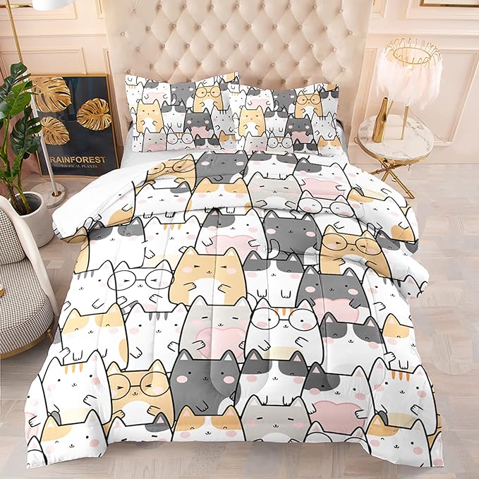 Kawaii Cat Comforter Twin Size,Cats Comforter Set for Kids Teens Girls Boys,3Pcs Bedding Set Printed Comforter with 2 Pillowcases,Down Alternative,Soft and Lightweight，Twin Size - LeafyLoom