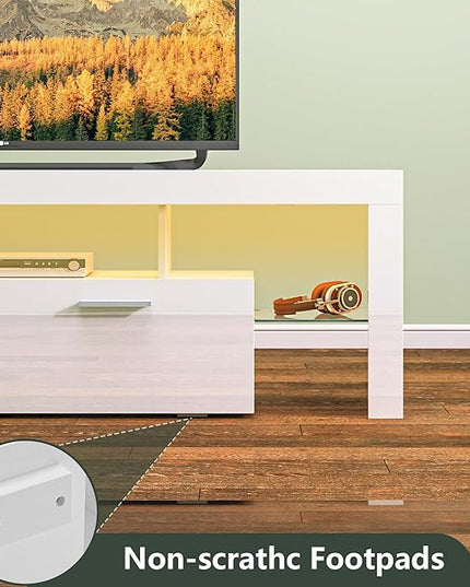 Clikuutory Modern LED 63 inch Long TV Stand with Large Storage Drawer for 50 55 60 65 70 75 Inch TVs, White Wood TV Console with High Glossy Entertainment Center for Living Room, Bedroom, White - LeafyLoom