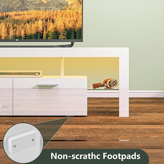 Clikuutory Modern LED 63 inch Long TV Stand with Large Storage Drawer for 50 55 60 65 70 75 Inch TVs, White Wood TV Console with High Glossy Entertainment Center for Living Room, Bedroom, White - LeafyLoom