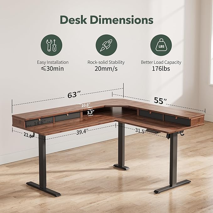 FEZIBO 63" L Shaped Standing Desk with 4 Drawers, Electric Standing Gaming Desk Adjustable Height, Corner Stand up Desk with Splice Board, Black Frame/Black Walnut Top - LeafyLoom
