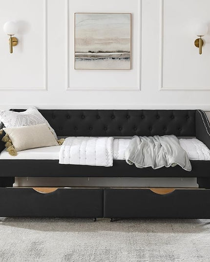Twin Size Mid-Century Daybed, 2 Storage Drawers,Linen Button Upholstered Tufted Bed, Copper Nail on Waved Shape Arms, No Box Spring Needed, for Bedroom, Livingroom, Black - LeafyLoom