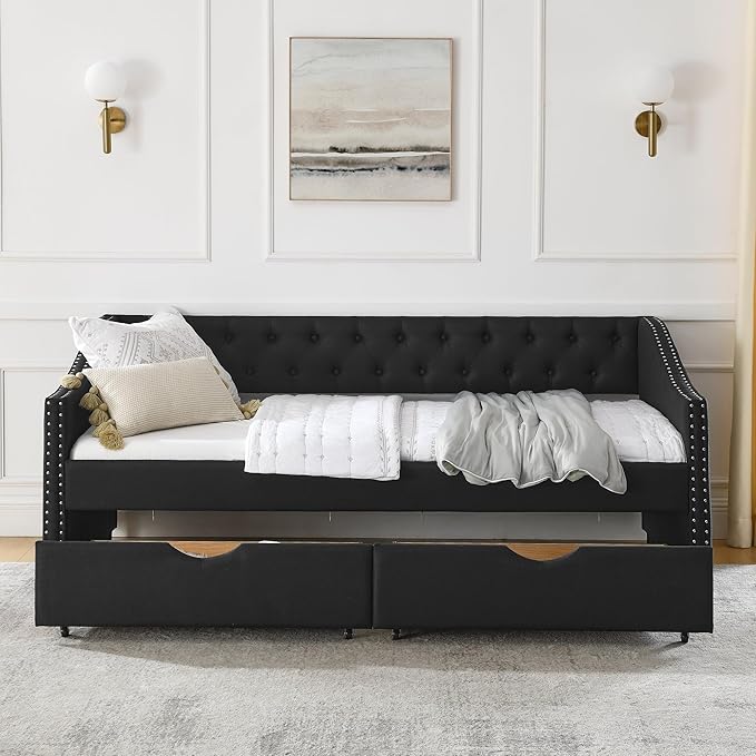 Twin Size Mid-Century Daybed, 2 Storage Drawers,Linen Button Upholstered Tufted Bed, Copper Nail on Waved Shape Arms, No Box Spring Needed, for Bedroom, Livingroom, Black - LeafyLoom