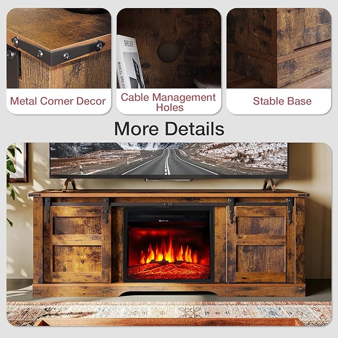 oneinmil Fireplace TV Stand with 18” Electric Fireplace, 58” TV Console Stand for TVs Up to 65", LED Light Entertainment Center, Fireplace for The Living Room TV Stand, Brown - LeafyLoom