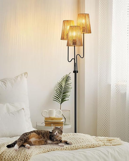 Boho Floor Lamp, 68in. Rattan Floor Lamp with Rattan Shade,3 Light Tree Standing Lamp for Bedroom,Nursery,E26 Socket, Living Room Floor Lamp for Rustic,Coastal, Beach or Bohemian Decor (Black) - LeafyLoom