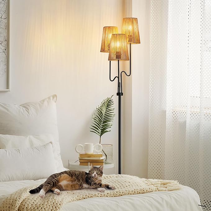 Boho Floor Lamp, 68in. Rattan Floor Lamp with Rattan Shade,3 Light Tree Standing Lamp for Bedroom,Nursery,E26 Socket, Living Room Floor Lamp for Rustic,Coastal, Beach or Bohemian Decor (Black) - LeafyLoom