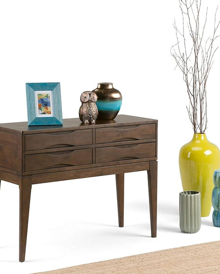 SIMPLIHOME Harper SOLID WOOD 40 inch Wide Mid Century Modern Hallway Console Sofa Entryway Table in Walnut Brown with Storage, 4 Drawers , for the Living Room, Entryway and Bedroom - LeafyLoom