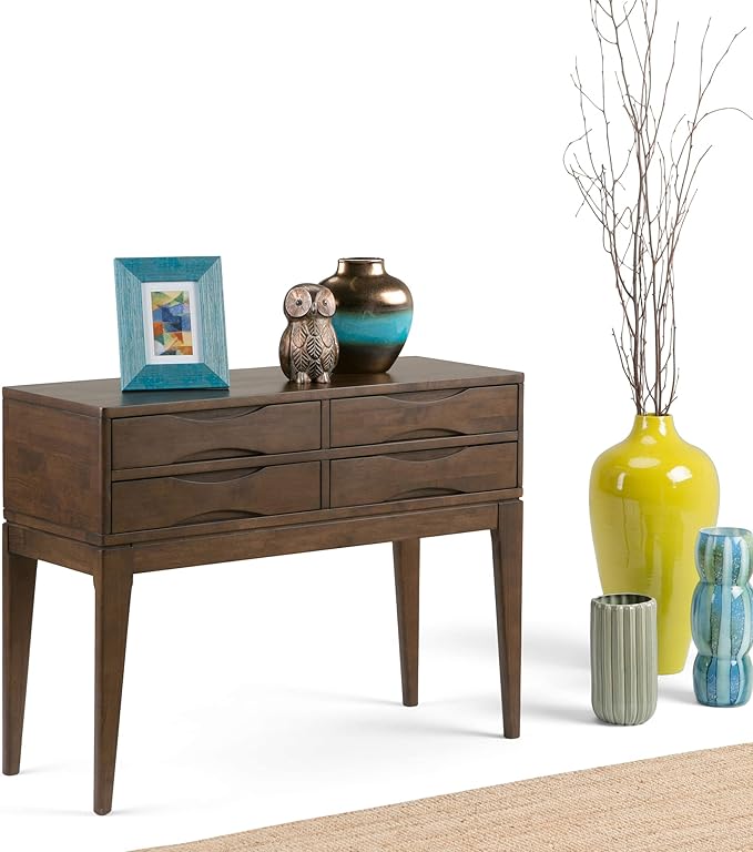 SIMPLIHOME Harper SOLID WOOD 40 inch Wide Mid Century Modern Hallway Console Sofa Entryway Table in Walnut Brown with Storage, 4 Drawers , for the Living Room, Entryway and Bedroom - LeafyLoom