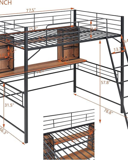RITSU Full Size Loft Bed with Desk and Storage Shelves, Metal BedFrame,w/Ladder & Fenced Around Guardrails, Easy Assembly, for Adults, Kids, Teens, Black - LeafyLoom