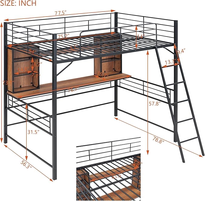 RITSU Full Size Loft Bed with Desk and Storage Shelves, Metal BedFrame,w/Ladder & Fenced Around Guardrails, Easy Assembly, for Adults, Kids, Teens, Black - LeafyLoom