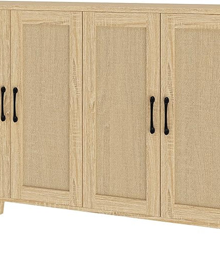 Panana Buffet Storage Cabinet with Rattan Decorating 4 Doors Living Room Kitchen Sideboard 48.43 x 34.65 x 15 inch (Natural Wood) - LeafyLoom