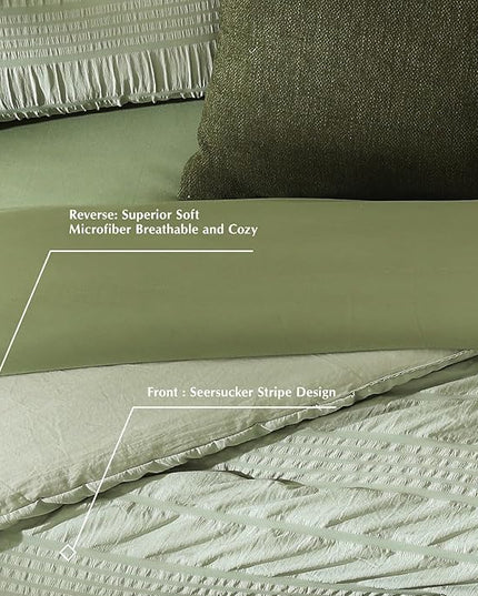 CASAAGUSTO Queen Comforter Set, 7 Pieces Sage Green Seersucker Bed in a Bag Queen Size Soft All Seasons, Bedding Sets with Comforter, Flat Sheet, Fitted Sheet, 2 Pillow Shams, 2 Pillowcases - LeafyLoom
