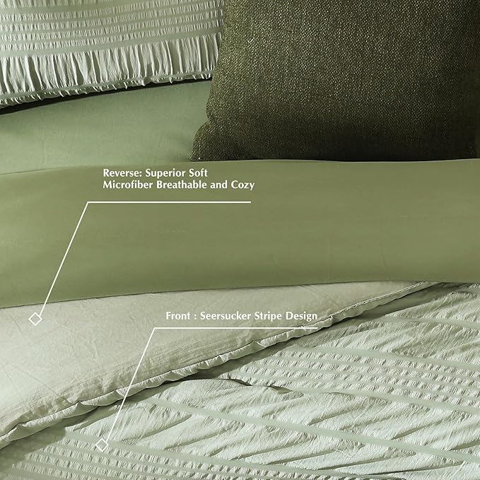 CASAAGUSTO King Size Comforter Set, 7 Pieces Sage Green Seersucker Bed in a Bag King Soft All Seasons, King Bedding Sets with Comforter, Flat Sheet, Fitted Sheet, 2 Pillow Shams, 2 Pillowcases - LeafyLoom