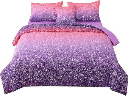 JQinHome Pink Purple Comforter Set Full/Queen Size, 6 Piece Bed in A Bag 3D Colorful Bedding Set for Girls Women (1 Comforter,2 Pillowcases,1 Flat Sheet,1 Fitted Sheet,1 Cushion Cover) - LeafyLoom