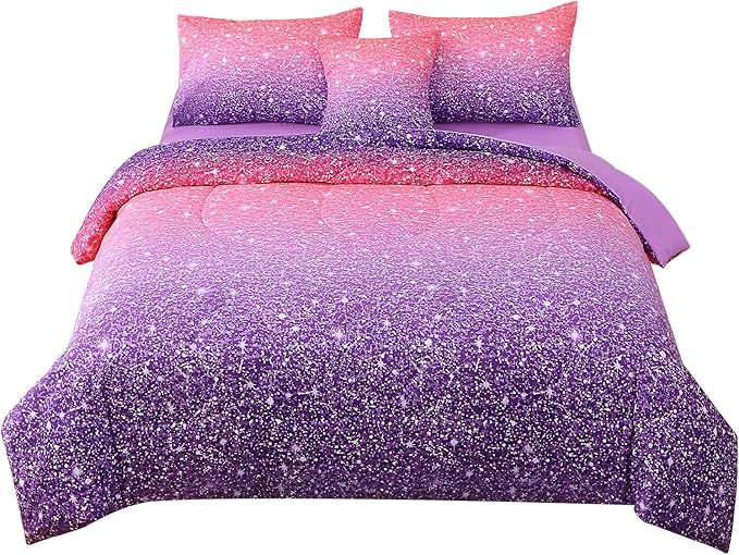 JQinHome Full Size Pink Purple Comforter Set, 6 Piece Bed in A Bag 3D Colorful Bedding Set for Girls Women - LeafyLoom
