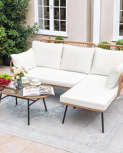 Greesum Outdoor Rope Woven Patio Furniture L-Shaped Conversation Sectional Sofa Set Detachable Lounger for Backyard Porch with Thick Cushions & Long Table, White - LeafyLoom