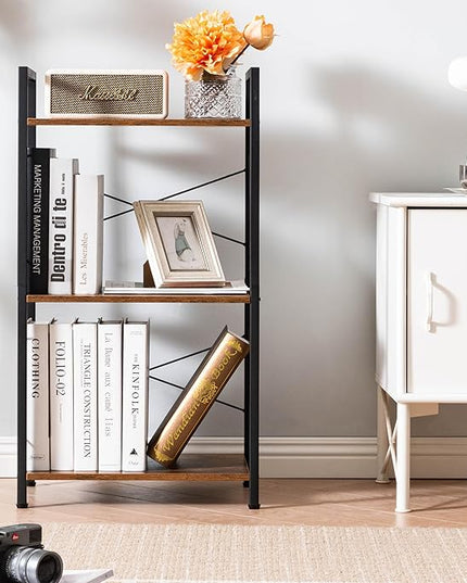 HCHQHS Small Bookshelf, Adjustable 3-Tier Industrial Bookcase, Rustic Open Book Shelf, Wood and Metal Horizontal Bookshelves - LeafyLoom